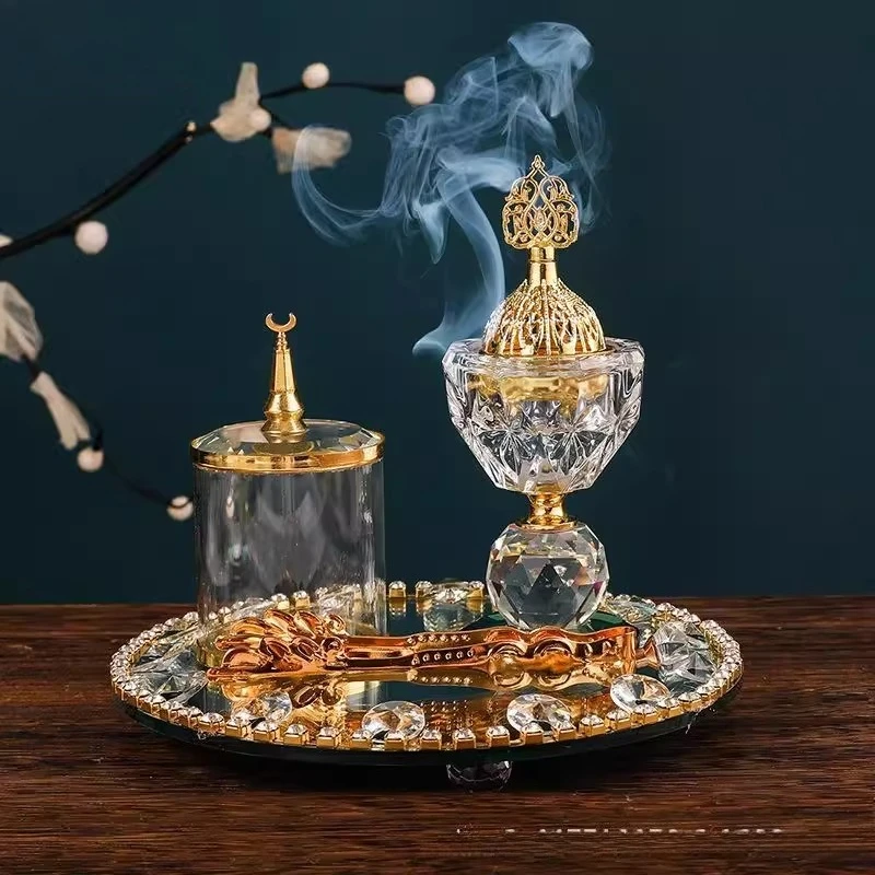 

Хрустальная золотая курильница для ароматерапии, набор из трех предметов, курильница на Ближнем Востоке, украшение для гостиной, арабская курильница