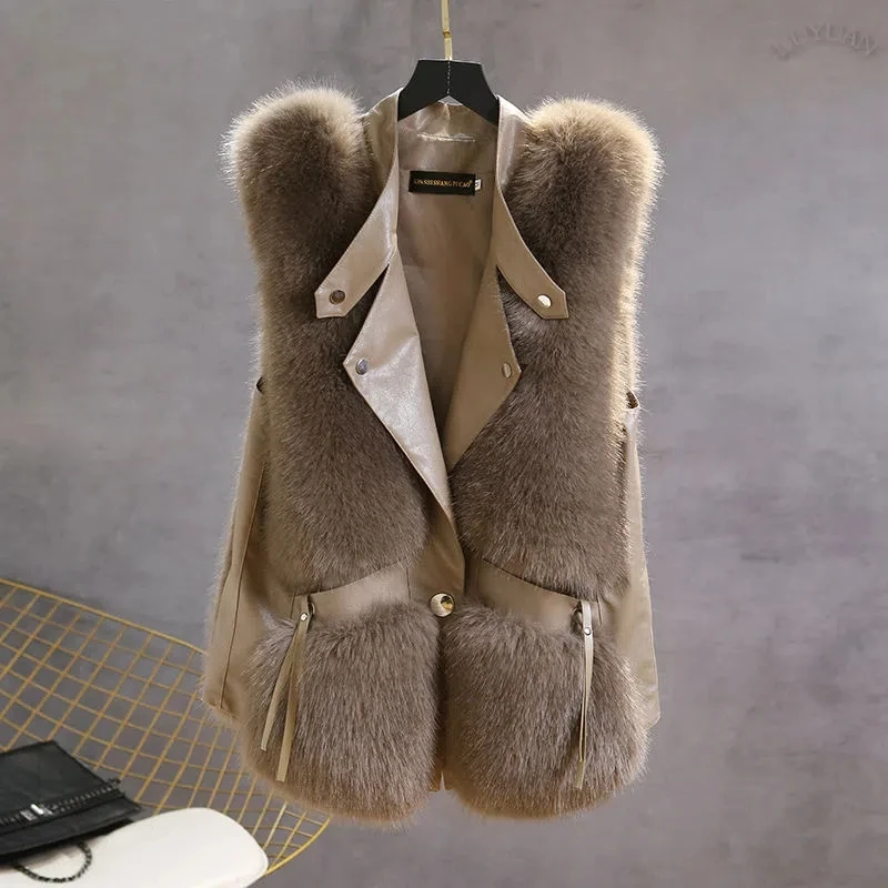 2023 Women Autumn Winter New Imitation Fox Fur Vest  Jacket Female Mid-Length Black Vest Women Grace Fashion Young Coat A1113