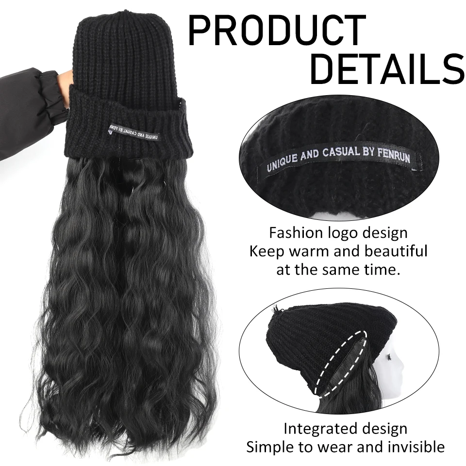 Hat Wig Hair Extension Knit Beanie with Long Wavy Synthetic Wig for Girl Winter Warm Ski Hat for Daily Party Halloween Christmas