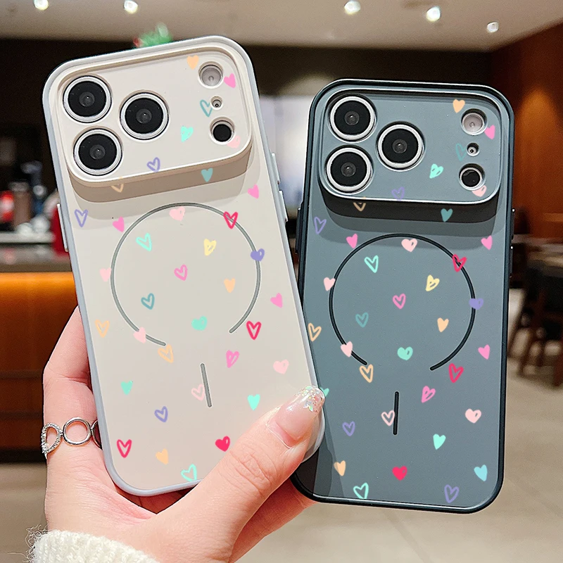 Capa de telefone magnética com estampa de coração colorido para iphone 17 pro max 16 15 14 13 pro max para magsafe carga sem fio tpu capa dura para pc