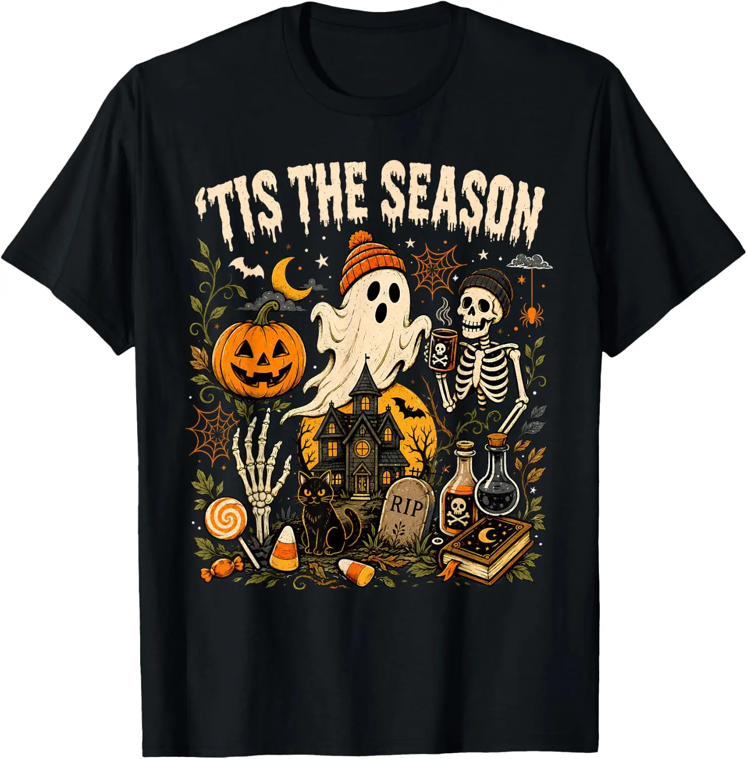 Vintage Tis The Season Halloween Skeleton Ghost Vibes Retro T-Shirt Men's Spooky Halloween Graphic Print T‑Shirt, Crew Neck Short Sleeve Casual Cotton Tee For Holiday Party Daily Street Wear.