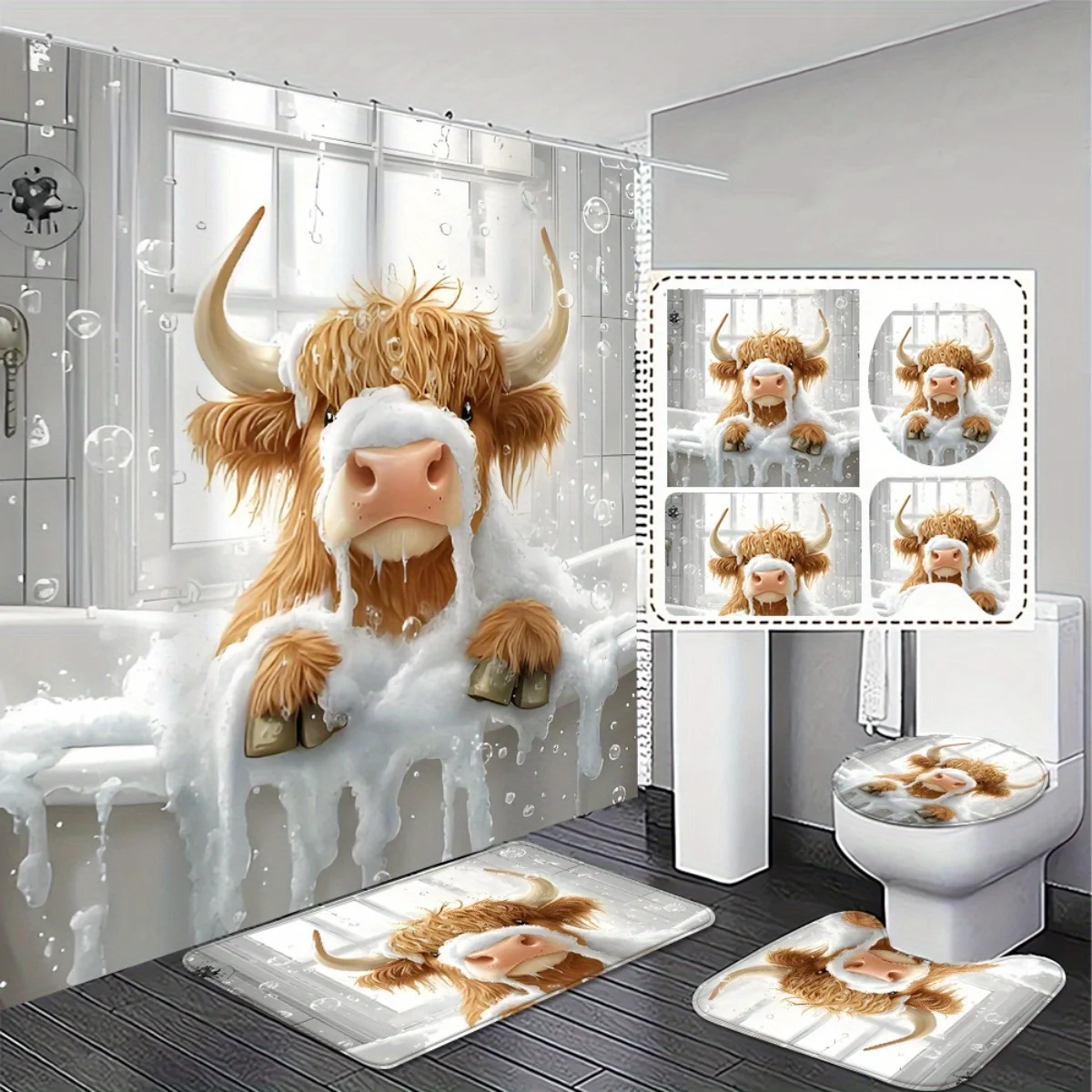 1 oder 4-teiliges Niedliches Hochland-Rind Duschvorhang-Set - Bauernhof-Tier Badezimmer-Deko - Waschbarer Stoffvorhang - Teppiche und WC-Abdeckung