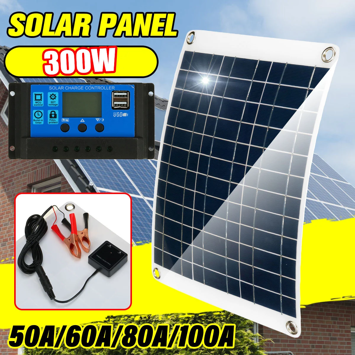 

300W Solar Panel 12V Solar Cell 50A-100A Controller Solar Plate Kit For Phone RV Car Caravan Home Camping Outdoor Battery