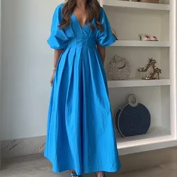 PB&ZA2024 Summer New Product Fashion Casual Women's Solid Color V-neck Waist Design Bat Sleeve Long Dress