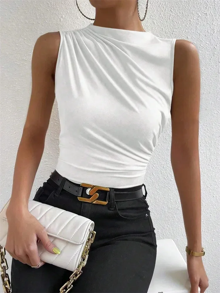 

new Women's Casual Mock Neck Ruched Tank Top Summer 2025 Solid Color Slim Fit Pleated Sleeveless T Shirt Tee Tshirt Streetwear