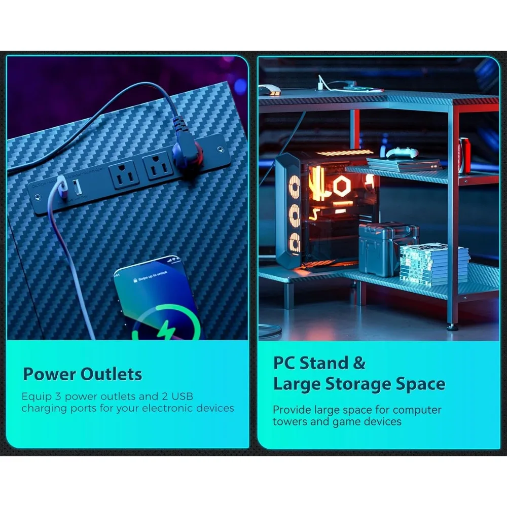 Gaming Desk 48 Inch Small L-Shaped with Power Outlets, Corner Desk, Reversible Shelves, and PC Stand for Small Spaces