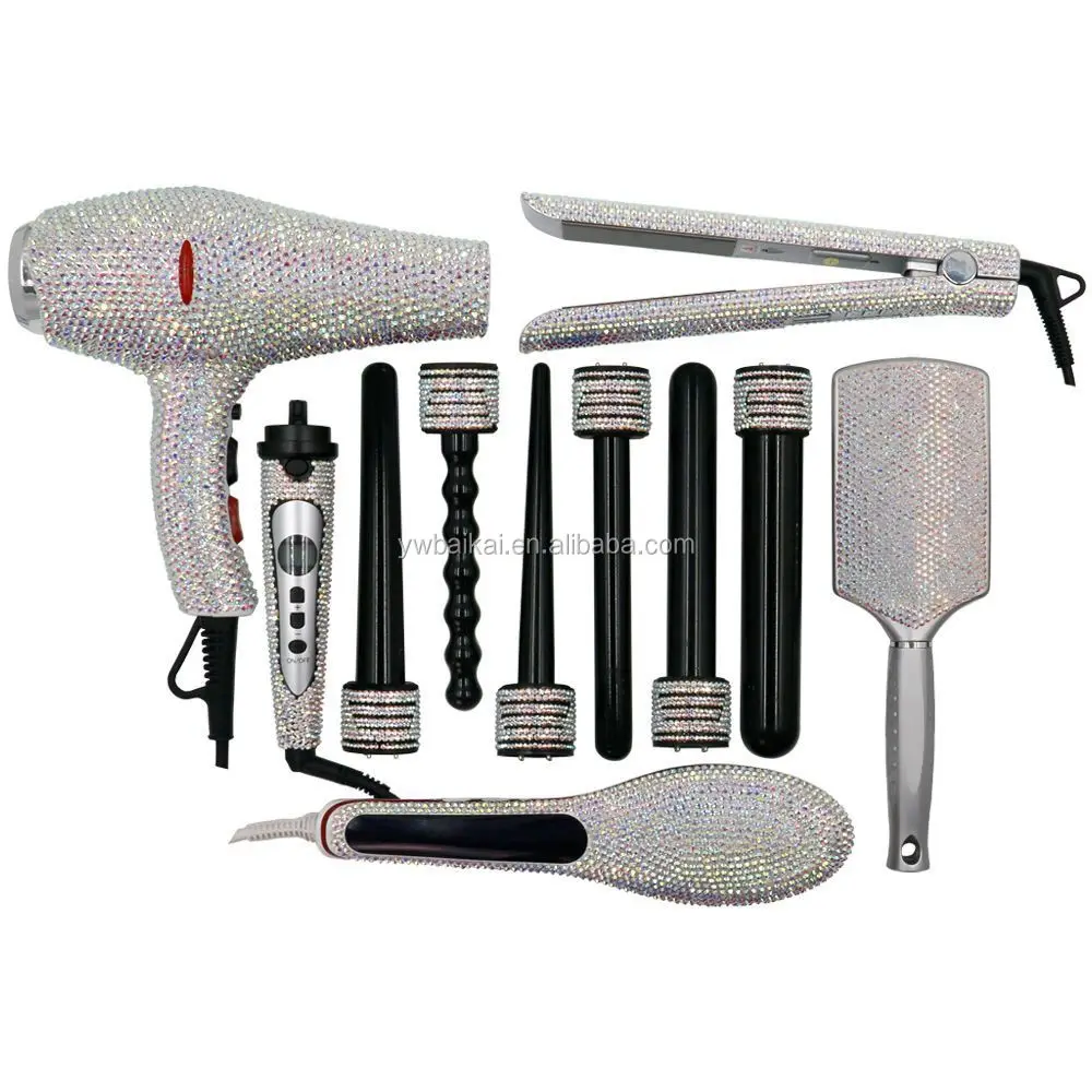 

bling curling iron bar multifunctional curler or dryer or flat iron or brush set of crystal bling flat iron set