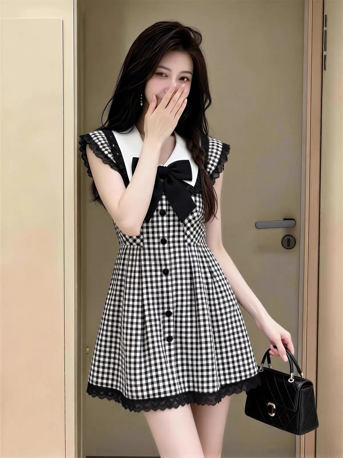 Black And White Plaid A-Line  Dress with Puffy Sleeves Sweet School Girl Style Summer Fashion Ladies' Clothing