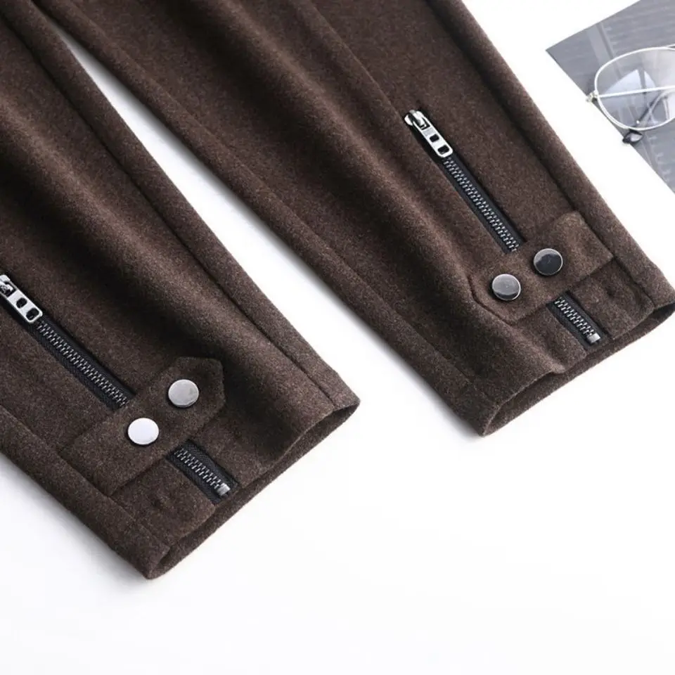 ファッションウールジッパーペンシルパンツ秋冬韓国女性スリム厚みのある多用途弾性ウエスト固体暖かいズボン 2026 ZT366