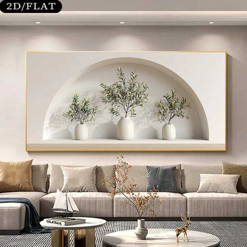 

2D Flat, Frameless Modern Canvas Olive Branches in Ceramic Vases Home Wall Art for Living Room, Bedroom, Home Decoration