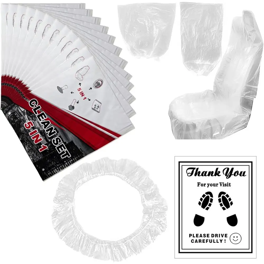 

Disposable Car Protective Covers Set 5in1 Plastic Car Interior Protector Includes Disposable Seat Cover, Steering Wheel Cover, H