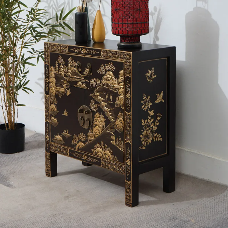 Furniture all solid wood bedside table Chinese bedroom locker painted retro simple elm bedside storage cabinet