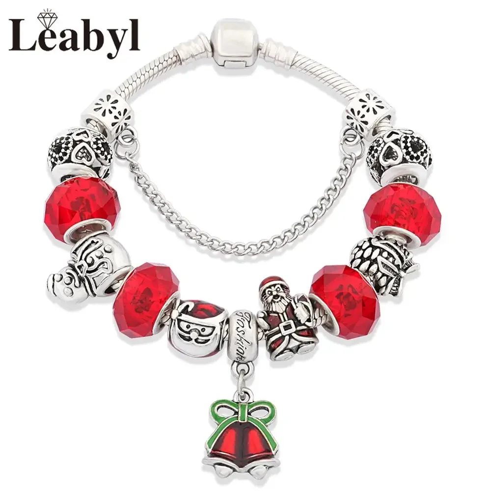 Classic Red Enamel Crystal Santa Christmas Bell Pendant Charm Bracelets DIY Snowman Heart Bead Jewelry Xmas Gift