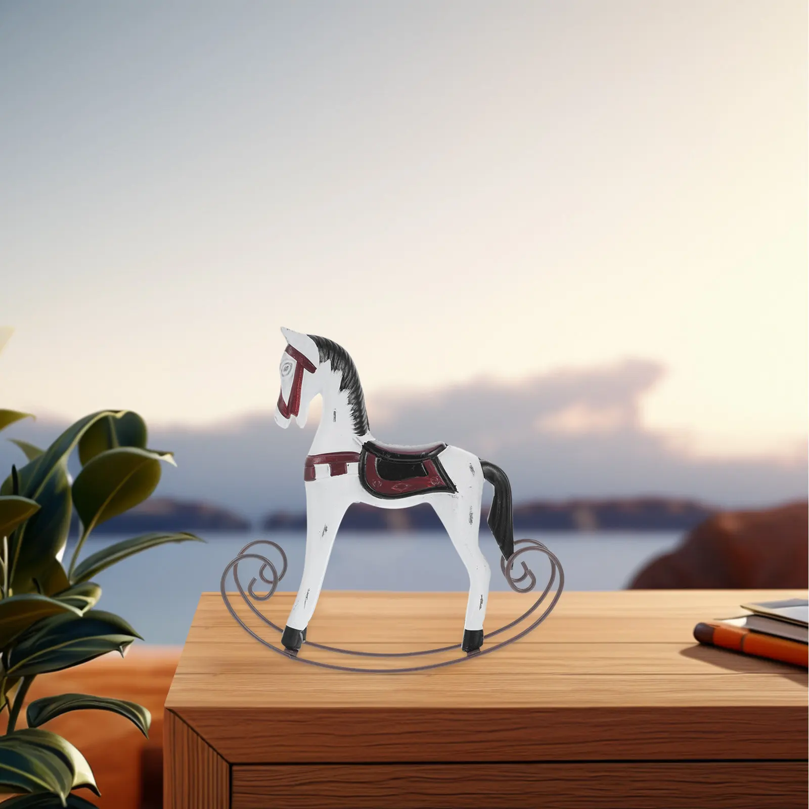 Wooden Rocking Horse Statue Vintage Rustic Design Distressed Finish Farmhouse Horse Decor for Desk Bookshelf Living Room Office
