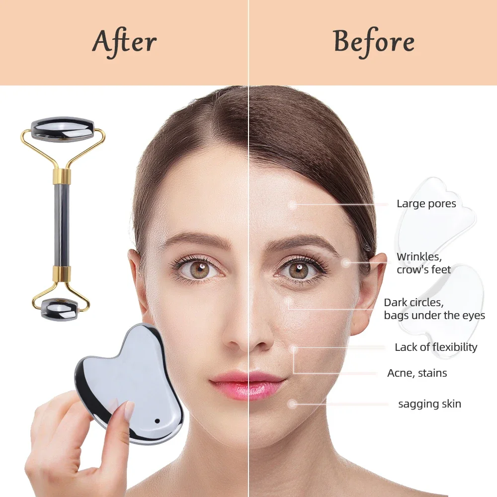 Terahertz Facial Massager Roller Gua Sha Scraper Set Natural Terahertz Stone Skin Care massage tool For Body Neck Anti-Wrinkles