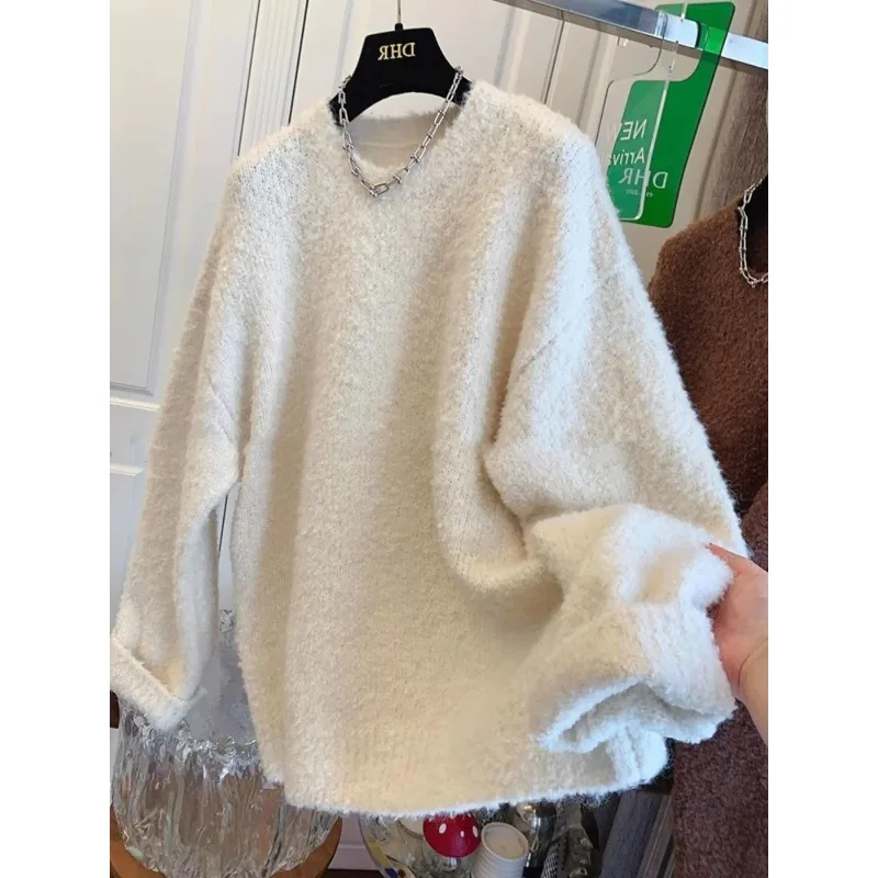 

Women's White Looped Velvet Soft Loose Sweater Autumn Winter Thick Knit Pullover Solid Color Casual Lazy Style Long Sleeve Top