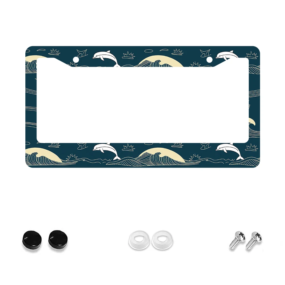 

1pc Blue and White Dolphin Pattern 2 Hole License Plate Frame, Aluminum Material, 6x12 Inches, with Screw Set, Retro Novelty Ca