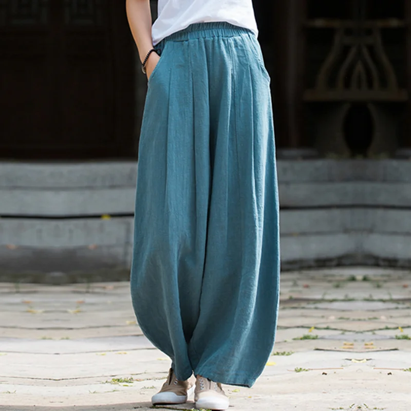 Vintage  Yoga Clothes Cotton  Linen Women High Waist Pants Baggy Loose  Large Oversized Size Women's Cargo Trousers Wide Leg