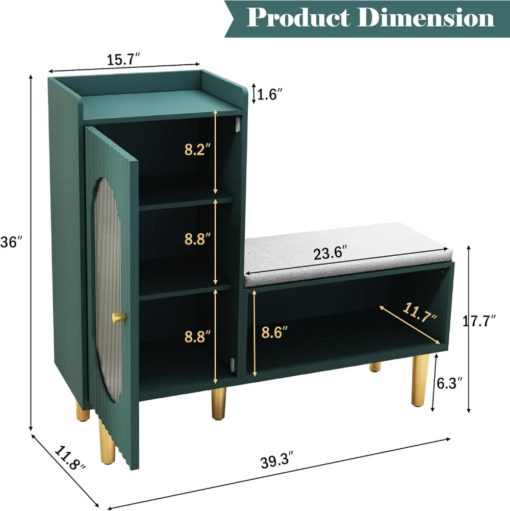 Скамья для хранения со стеклянной дверью и полкой, современная скамейка для обуви в прихожей с мягким сиденьем, зеленый L-образный шкаф для хранения