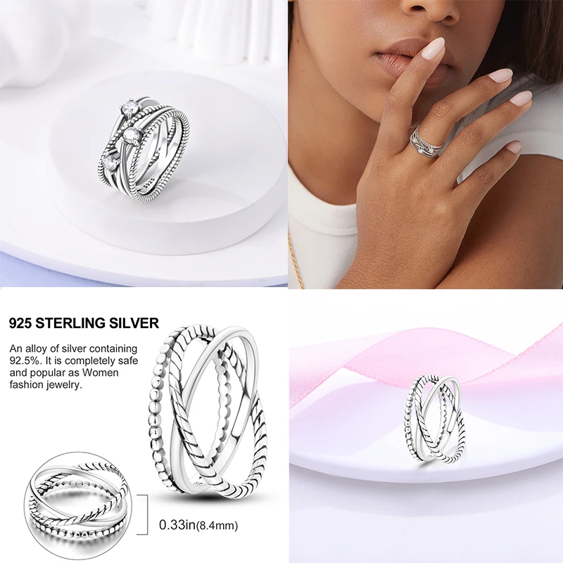 New 925 Sterling Silver Ring Pink Heart Blue Sun Star Moon Crossover Wide Rings For Women Party Birthday Jewelry Silver Gift