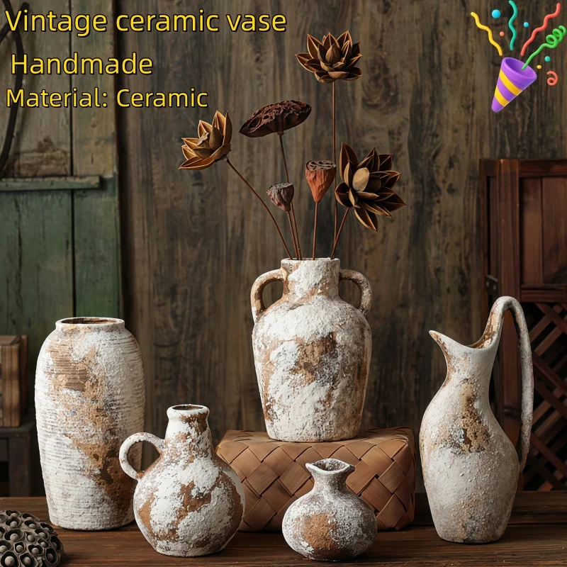 Wabi Sabi Retro Ceramic Vase Aesthetic Rustic Pottery for Living Room Dining Table Vintage Home Decor Flower Vase
