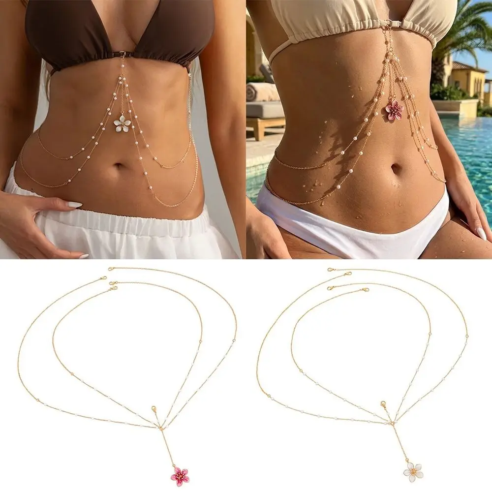 New Multilayer Waist Chain Imitation Pearl Flower Pendant Bra Chains Boho Style Belly Belt Women