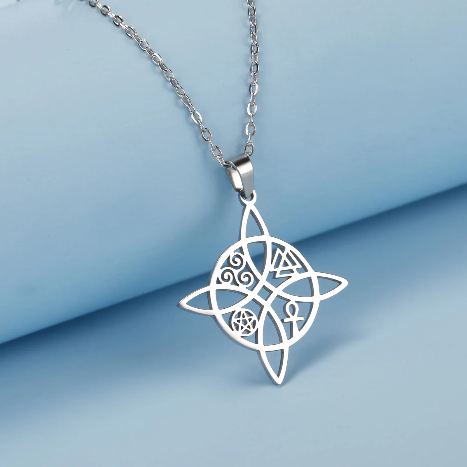 Skyrim Witchcraft Witch Knot Necklace Women Stainless Steel Neck Chains Valknut Triskelion Ankh Cross Pentacle Amulet Jewelry