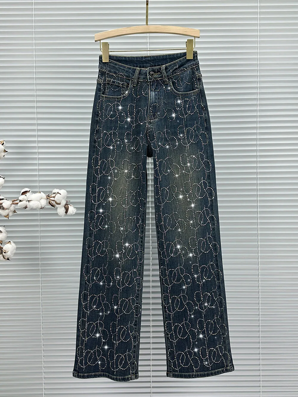 Creative Pattern Dark Blue Denim Women's Pants High Waist Wide Leg Jeans Ladies Rhinestone Denim Trousers Stylish Denim Pants