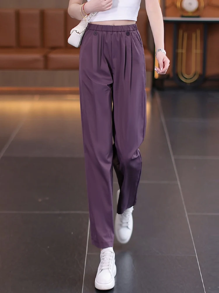 

Purple Ice Silk Cucumber Pants Women's Summer Thin New Small Size High Waist Slimming Casual Nine Points Harlan Pants