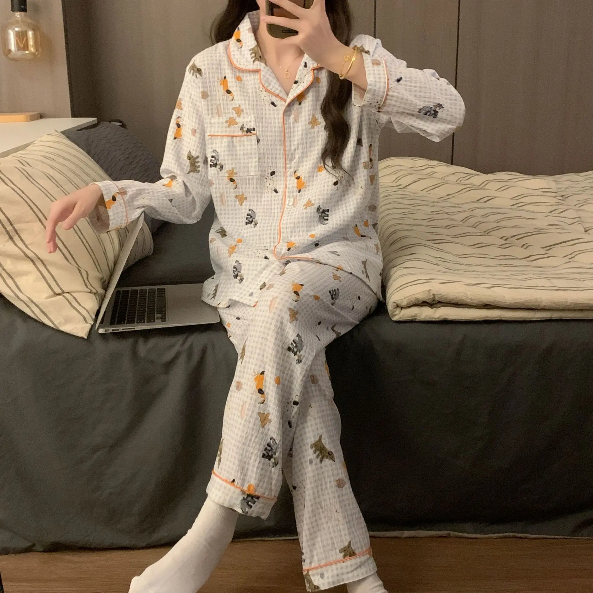 Pajamas set cute student women pyjamas autumn winter Mujer Dog Print Sleepwear Set Long Sleeve Top + Pants Homewear Breathable