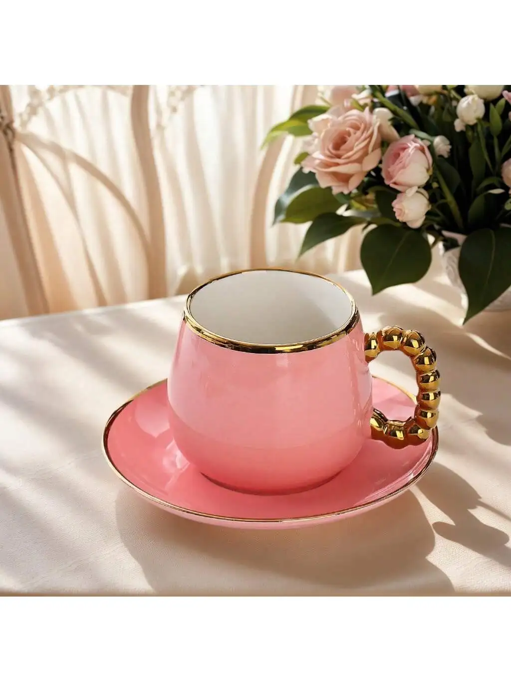 Elegant Gold Rim Ceramic Coffee Mug & Saucer Set - 250ml Turkish Tea Cup for Ramadan Gift, Home Café, Milk & Juice