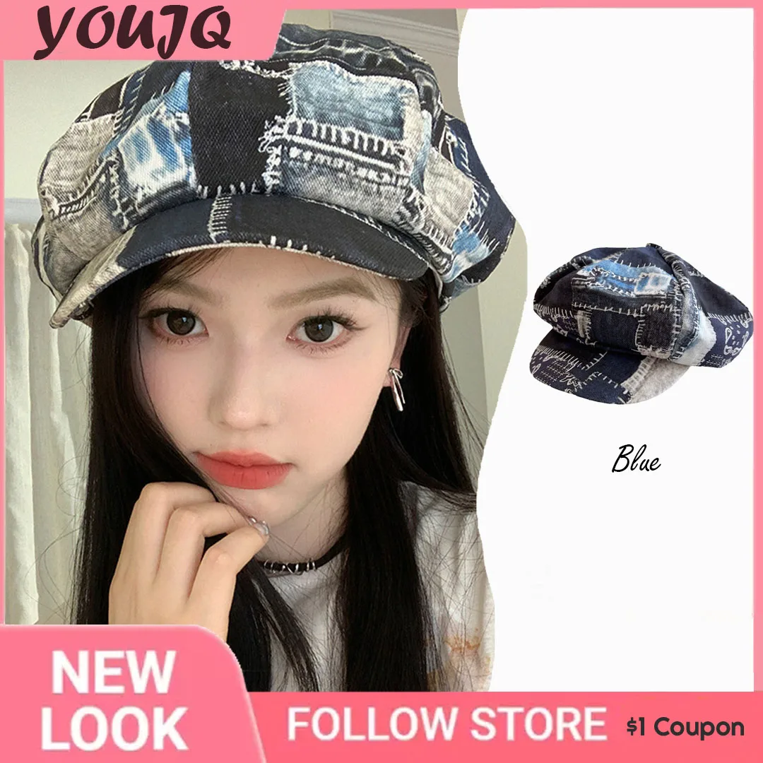 

Y2K Big Head Contrasting Color Splicing Berets Hats for Women Summer Autumn Casual Versatile Personality Cowboy Painter Cap