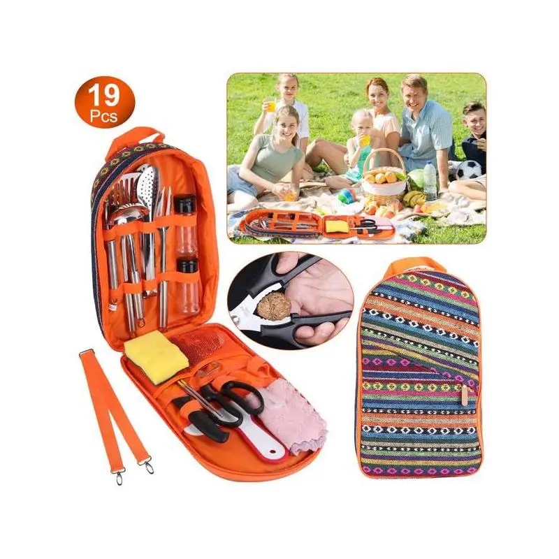 

Набор кухонных принадлежностей для кемпинга, 19 предметов, портативная посуда для пикника с сумкой для хранения, уличное кухонное снаряжение для костра и барбекю