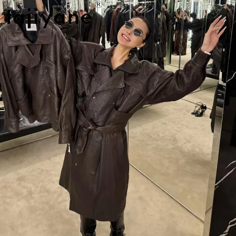 TAJIYANE Genuine Leather Jacket Women New Zealand Crust Leather Oversized Coat Long Trench Coat Vintage Biker Jackets Outerwear