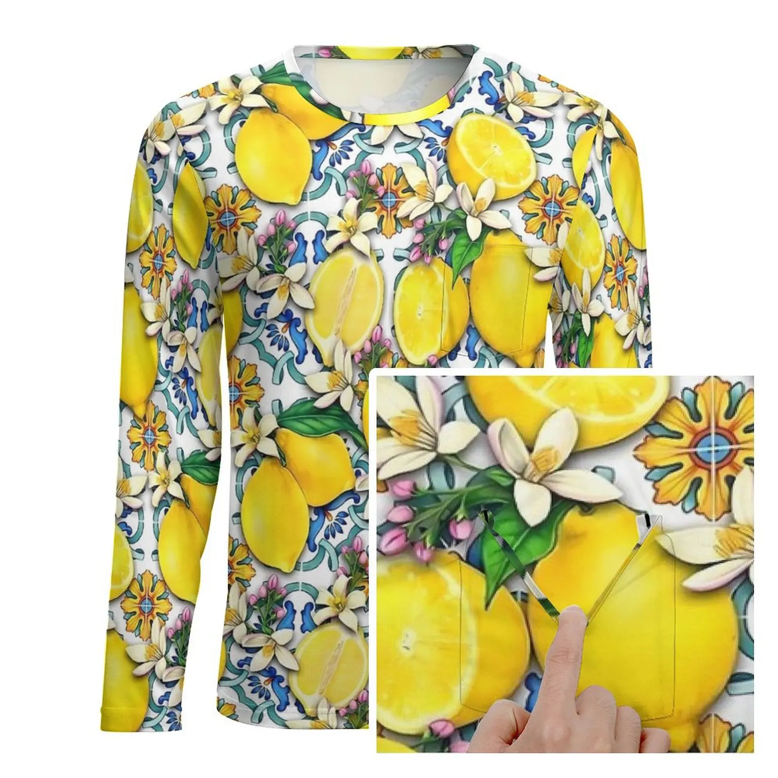 Sicilian Tiles with Citrus Lemon T Shirt Men  Streetwear T-Shirts Autumn Trendy Tees Long Sleeve Printed Big Size Clothing