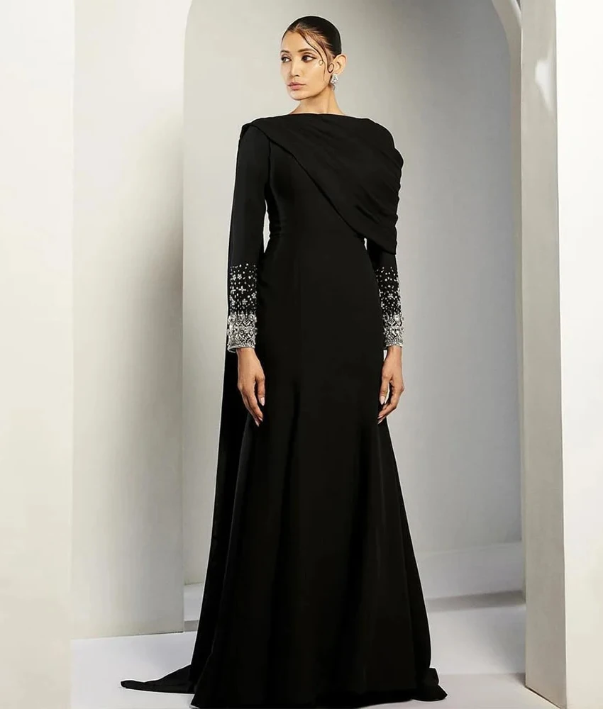 

MCDV Customized Luxury Crystal Jersey Mermaid shawl Evening Dress High Quality O-neck Long Sleeves Floor Length Prom Gowns