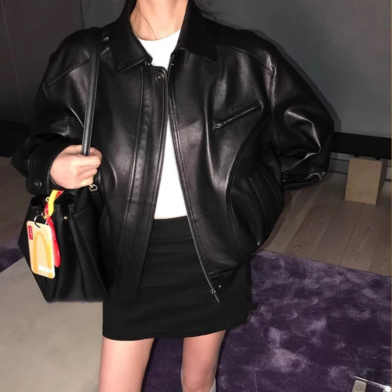 Mode Highstreet Vrouwen Echte Lederen Jassen Tops Casual Zwarte Revers Drop-Schouder Vrouwelijke Losse Schapenvacht Jassen