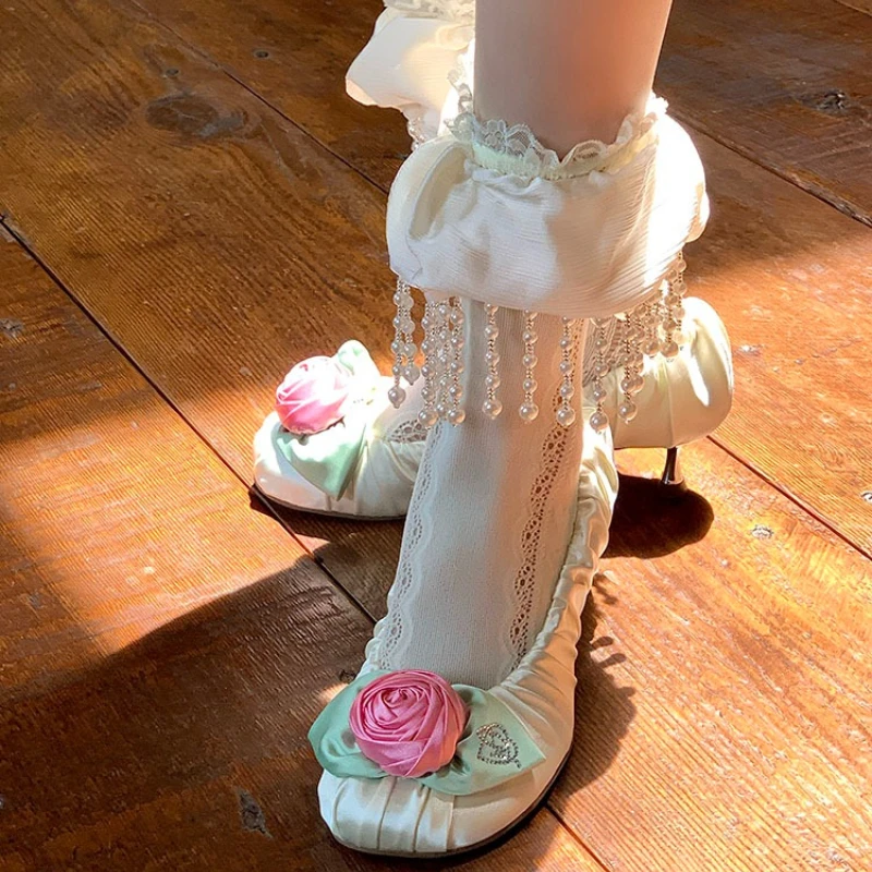 New Vintage Japanese White Lace Slouch Socks, Pearl Tassel Ruffle Mid Calf Socks, Sweet Lolita Aesthetic Stockings for Women