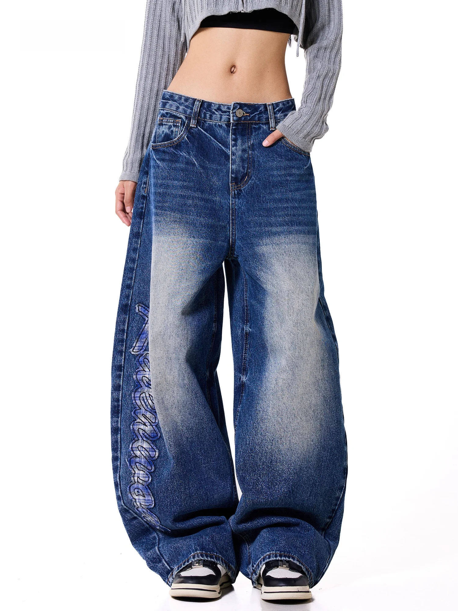 Retro Embroidered Wide Leg Denim Jeans Women's Loose Fit Trousers Patchwork Autumn Winter High Waist Cotton Blend Blue Jeans
