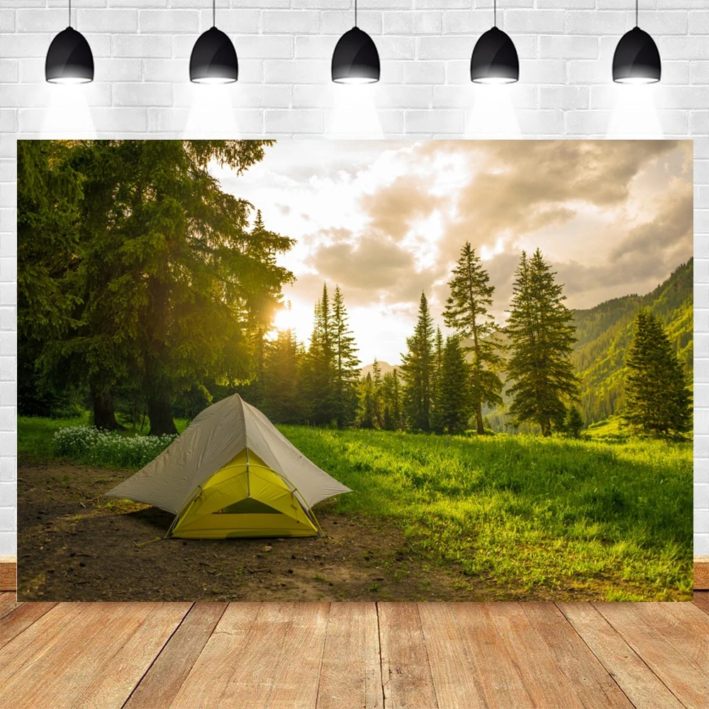 Camping Tent Forest Natural Landscape Backdrops Mountain Lake Aurora Scenery Baby Portrait Background for Photography Props