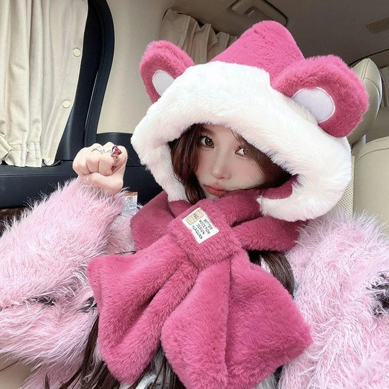 Cute Bear Hat Scarf All-in-one Cold-proof Warm Hooded Scarf Winter Plush Hat Plush Cycling Skiing Warm Ear Protection Hat