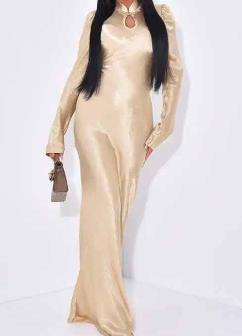 فستان نسائي من الحرير والساتان 2026 نمط جديد تصميم صيني جديد فستان أنيق بأكمام فقاعية مناسب للولائم