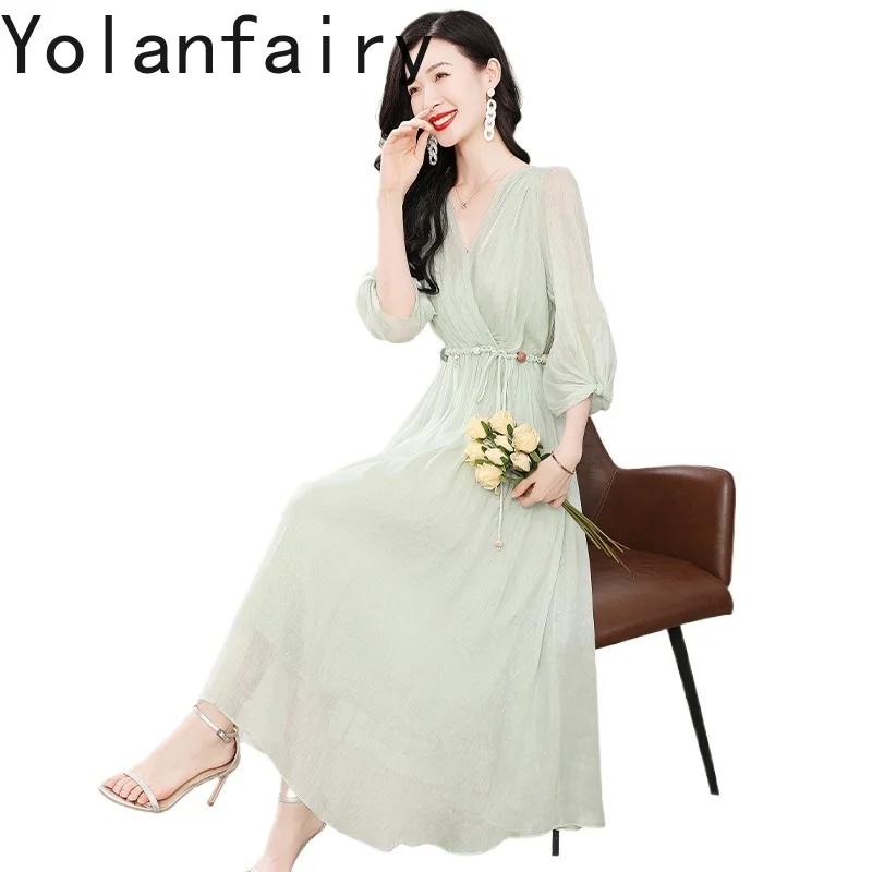 

YOLANFAIRY, 70% лен, 30% шелковое платье тутового дерева, лето 25, французские элегантные отпускные платья, длинное платье с v-образным вырезом, нежная женская одежда