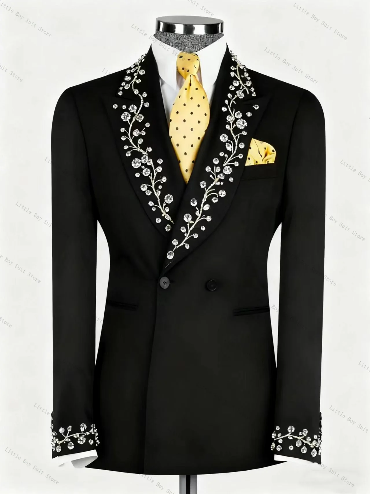 

Black Crystals Men Suit Set 2 Piece Jacket Blazer Pant Cotton Wedding Tuxedos Formal Office Business Party Prom Coat Customized