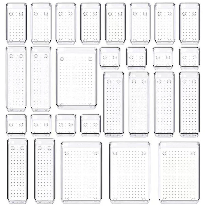 Juego de 28 organizadores de cajones transparentes, bandejas organizadoras de cajones de baño y tocador versátiles de 4 tamaños, contenedores de almacenamiento para dormitorio y cocina