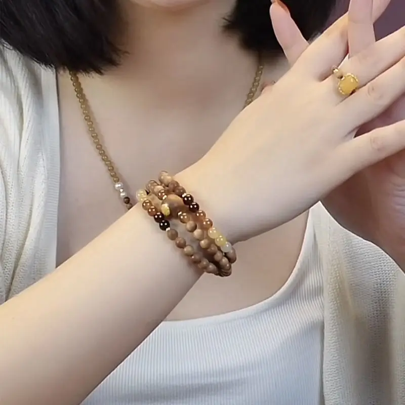 

Natural Rosewood Bracelet Fidelity Rosewood Buddha Beads Sandalwood Wooden Double Circle Tiger Eye Stone Wen Play Hand String