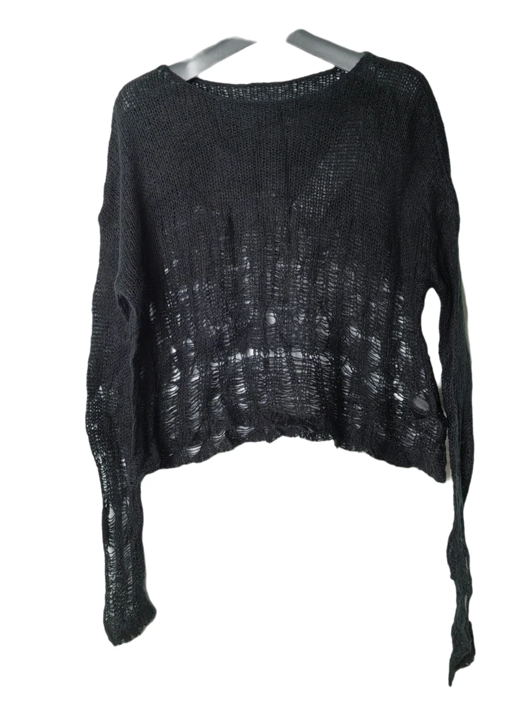 

Black Hollow out Long Sleeve Knitted Top Women's Sexy Thin round Neck Shirt See through Cover up Loose Fit Spring Fashion