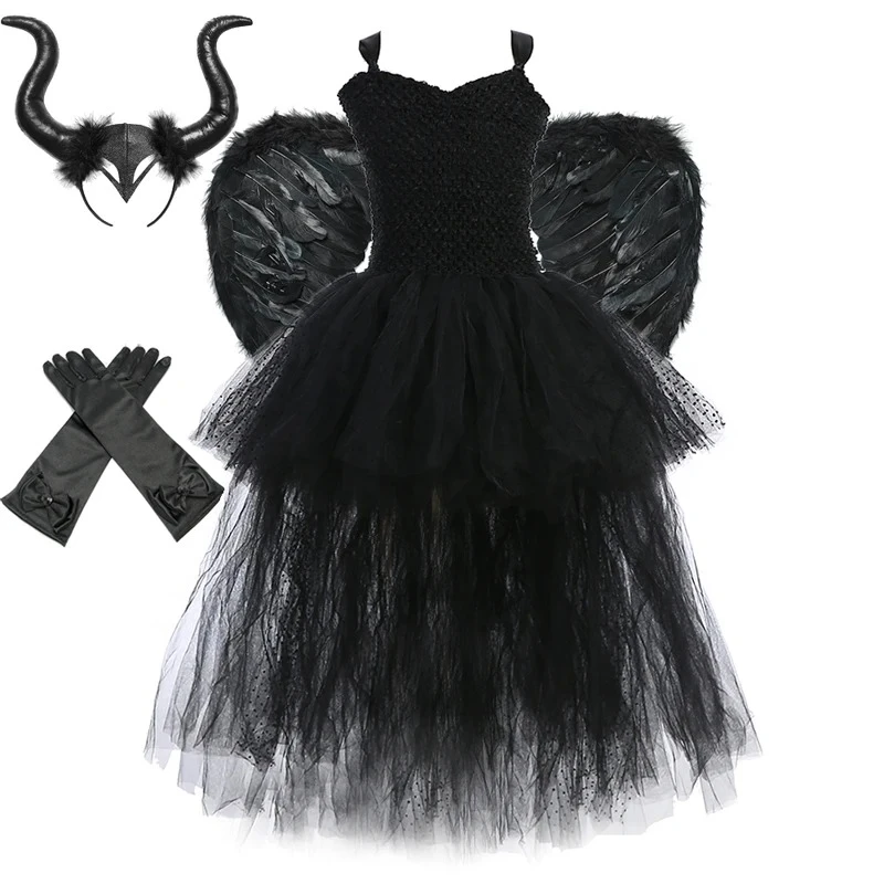 

Devil Witch Tutu Dress for Girls High Low Black Angel Carnival Disguise Outfit with Feather Wings for Kids Halloween Costumes