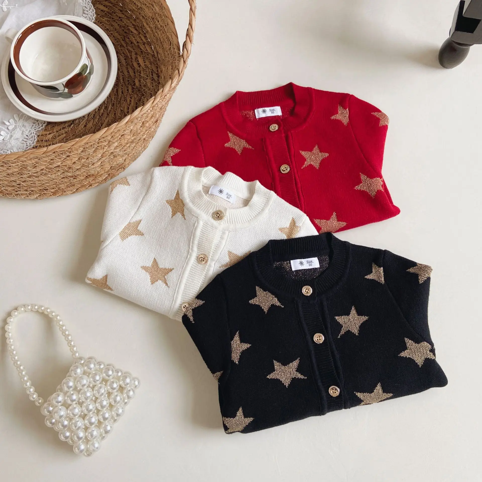 Korean Style Girls Knitted Cardigan Coat Cute Jacquard Weave  Star Kids Sweater