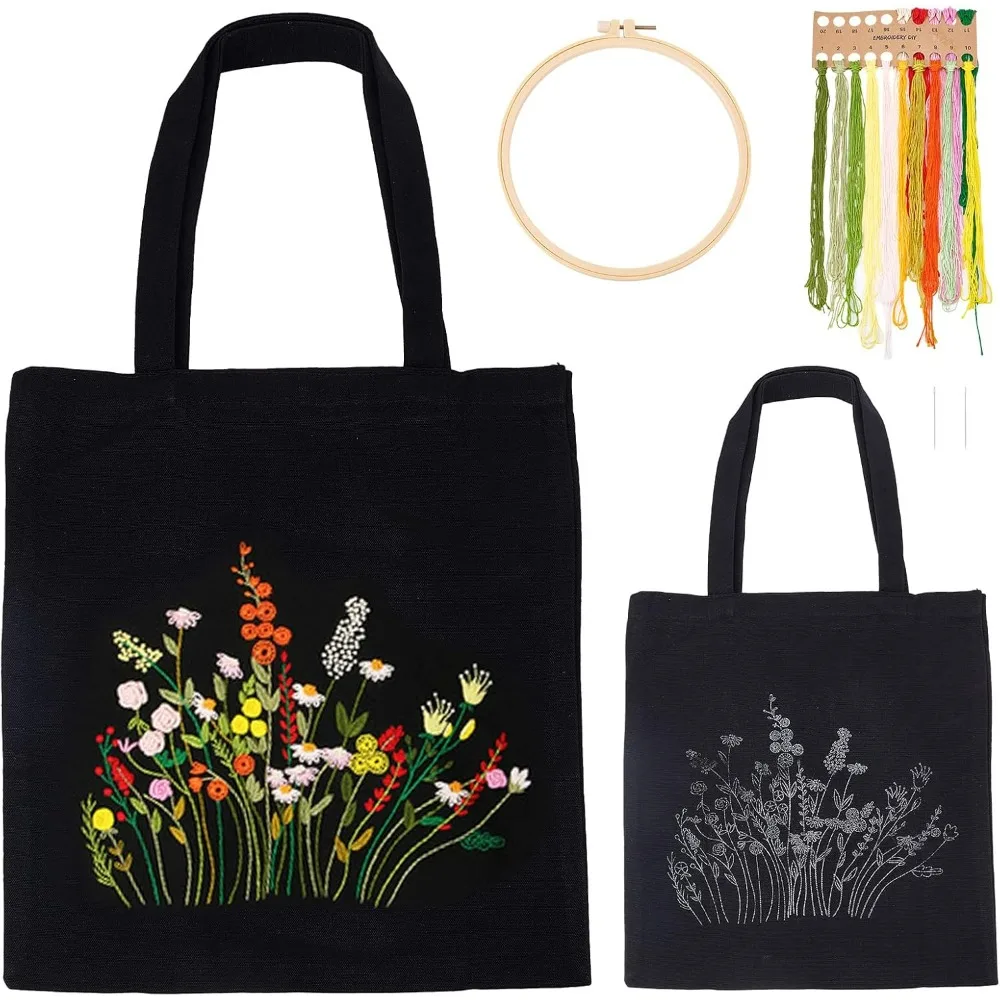 DIY Canvas Tote Bag Embroidery Kit Black Canvas Bag Flower Cross Stitch Kit with Pattern and Instruction Personalized making kit